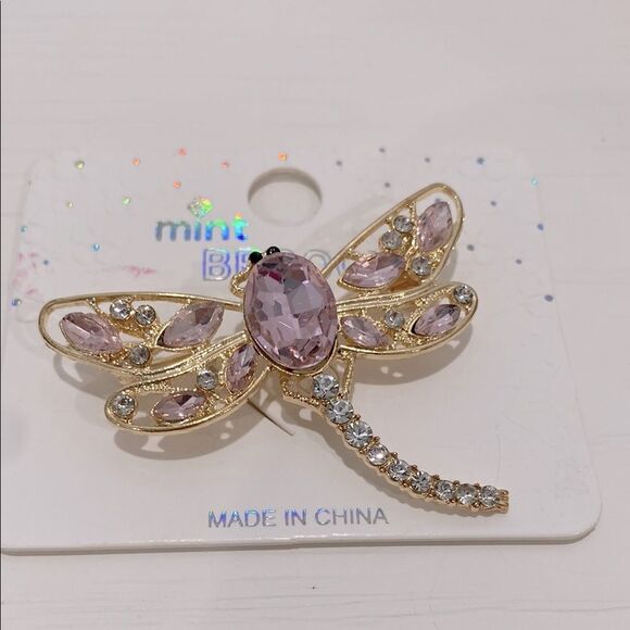 Mint Dragonfly Brooch with Pink and Gold Accents - Picture 1 of 6